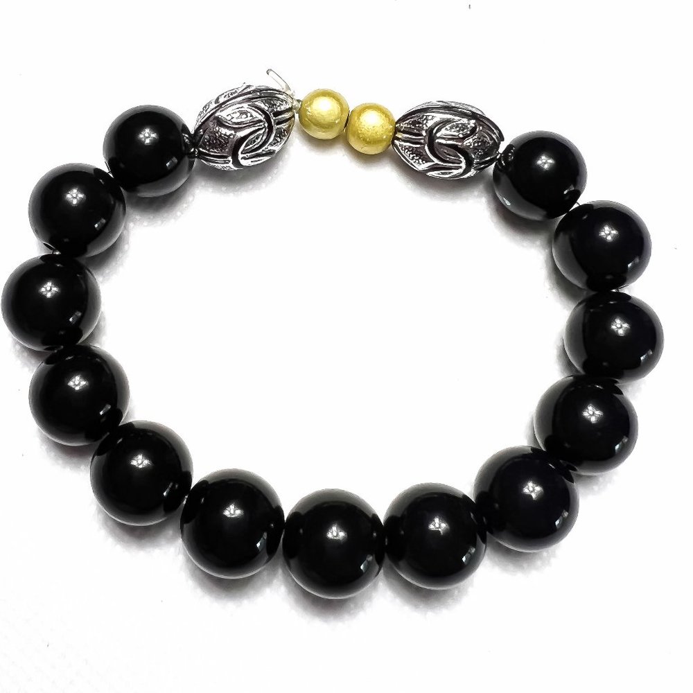 Black, Silver, Gold Beaded Stretch Bracelet